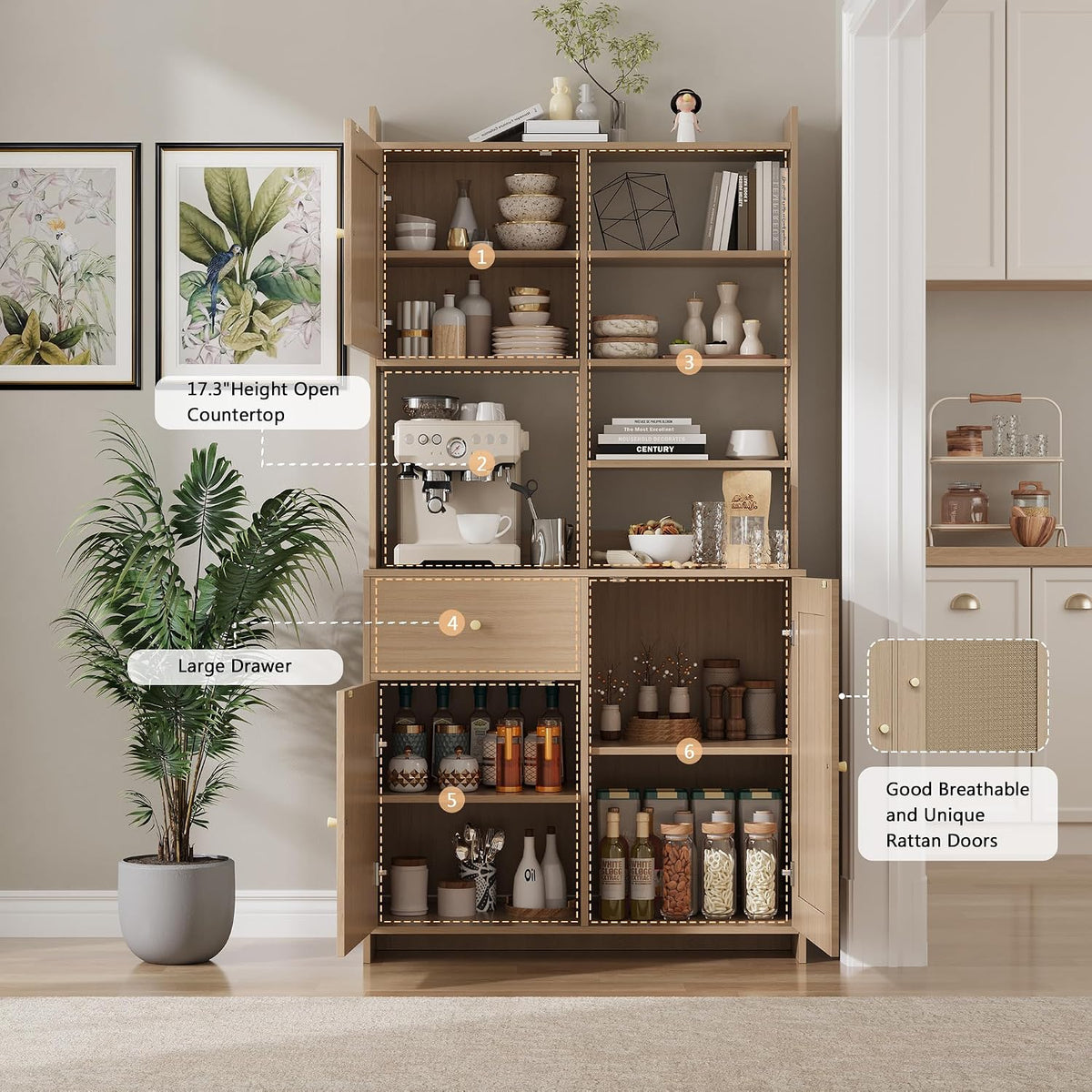 IDEALHOUSE Kitchen Pantry Cabinet with Adjustable Shelf, 71" Tall Storage Cabinet with Microwave Stand, Food Pantry Cabinets for Kitchen, Dining Room, Living Room, Natural