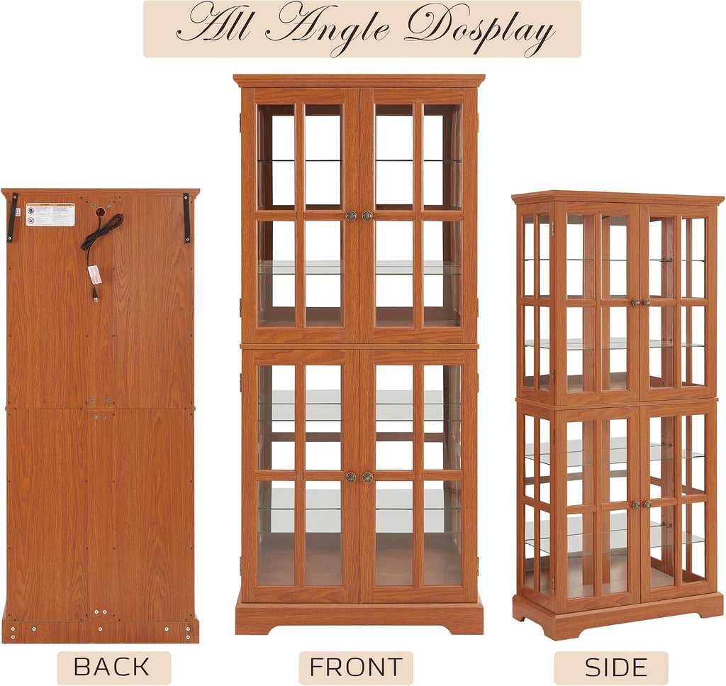 69" Lighted Display Cabinet with 4 Glass Doors, Tall Elegant Bookcase with Adjustable Shelves, Light Bulb Included, Wooden Storage Organizer Cabinet for Collectibles, Living Room (Dark Oak)