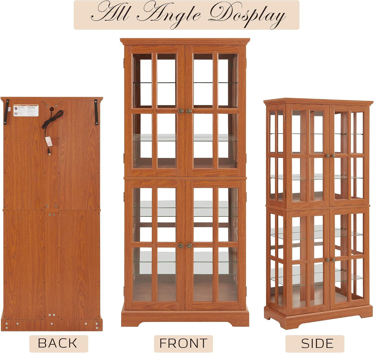 69" Lighted Display Cabinet with 4 Glass Doors, Tall Elegant Bookcase with Adjustable Shelves, Light Bulb Included, Wooden Storage Organizer Cabinet for Collectibles, Living Room (Dark Oak)