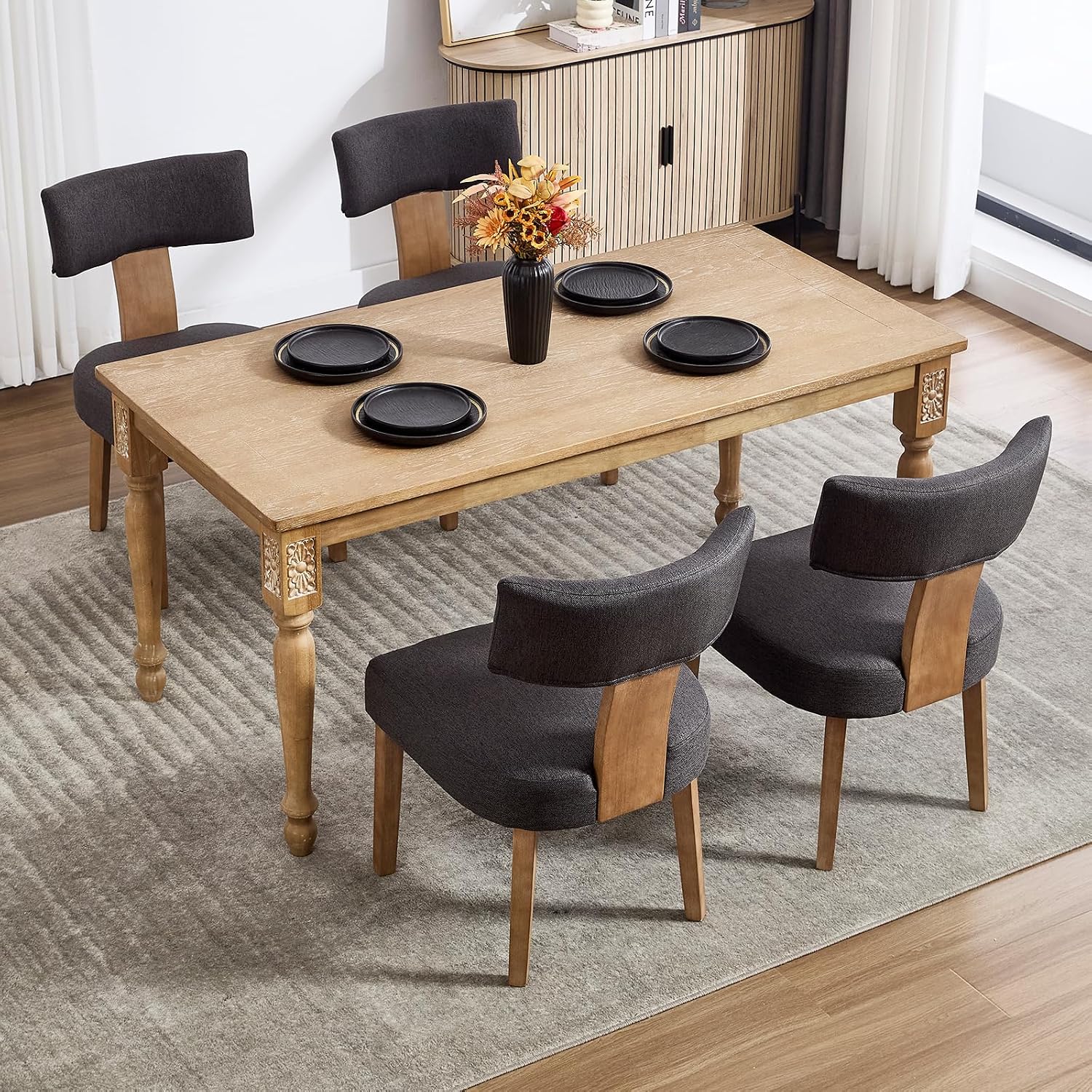 Upholstered Dining Chairs Set of 6, Mid-Century Modern Dining Chairs with Wood Legs, Linen Fabric Farmhouse Kitchen Chairs Armless, Comfy Side Chairs for Living Room/Kitchen, Grey
