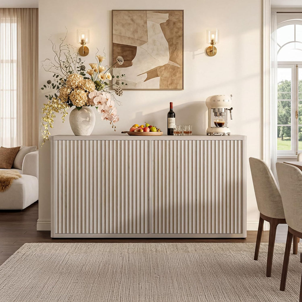 SICOTAS Buffet Cabinet with Storage Accent Sideboard with 4 Doors 66.3" Wide Fluted Credenza Modern Buffet Table Media Console Cabinet Entryway Cabinets for Living Room Kitchen Dining Room Hallway
