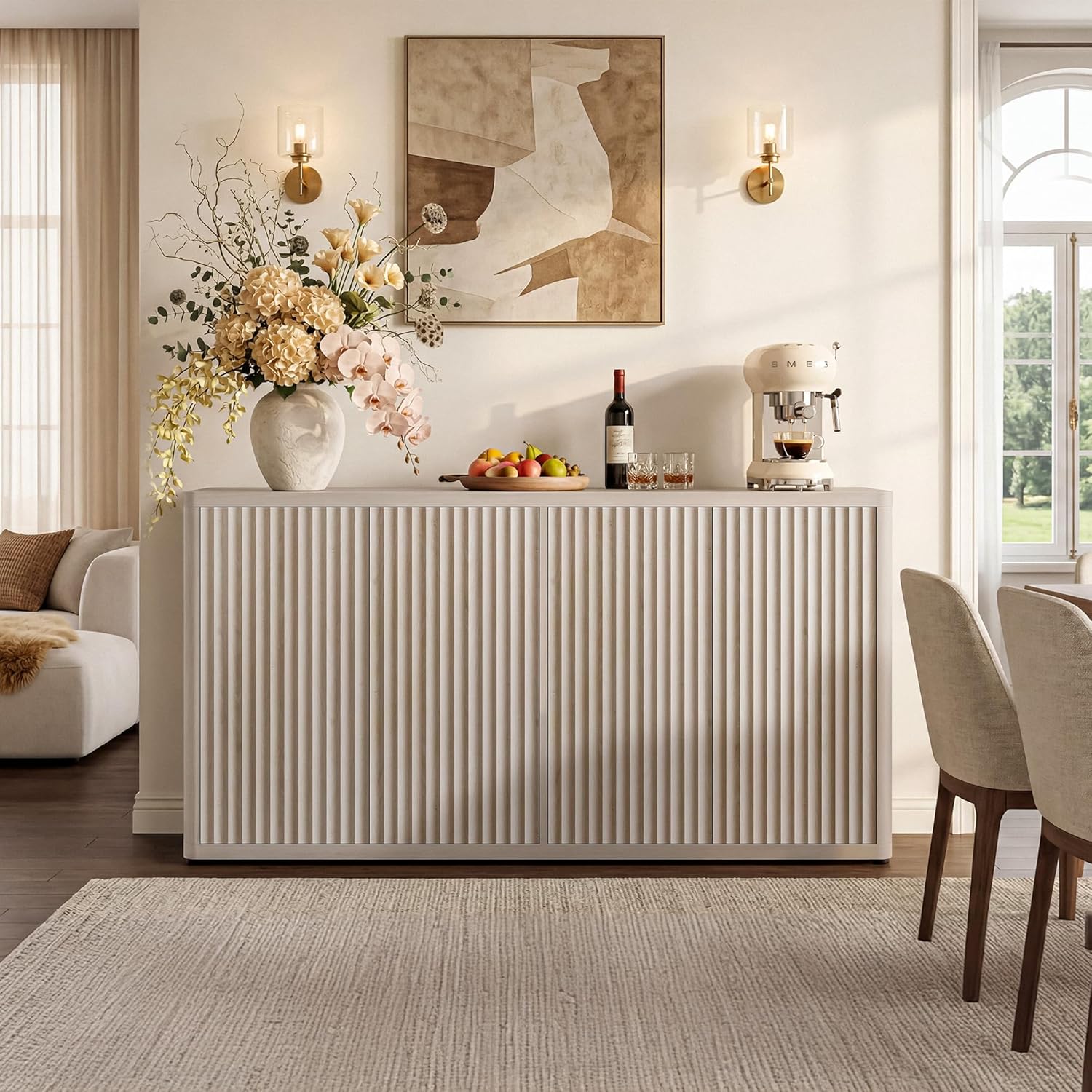 SICOTAS Buffet Cabinet with Storage Accent Sideboard with 4 Doors 66.3" Wide Fluted Credenza Modern Buffet Table Media Console Cabinet Entryway Cabinets for Living Room Kitchen Dining Room Hallway