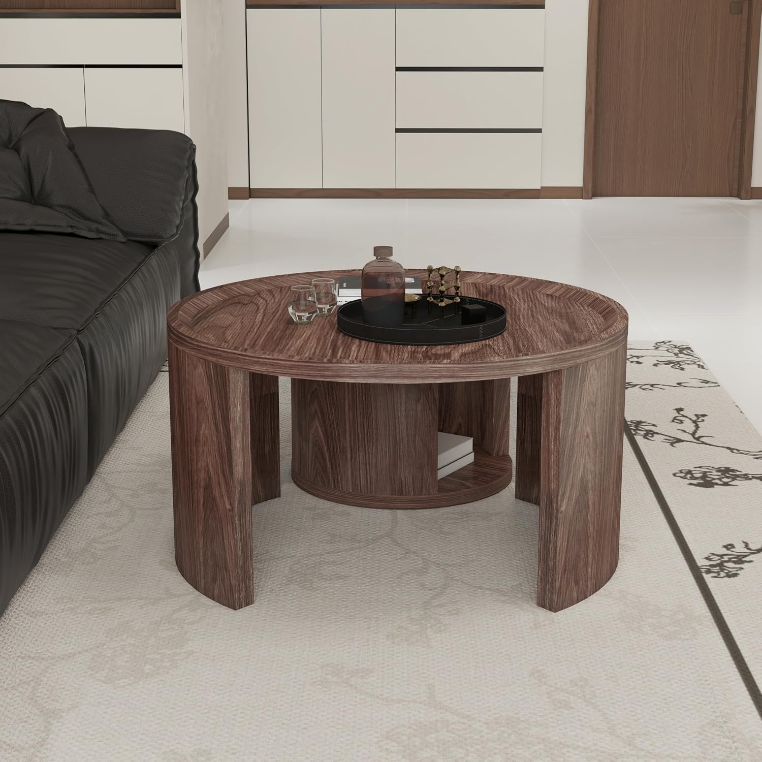 Round Nesting Coffee Table Set 2 with Storage for Small Space, Walnut | Wood Round Center Table Set 2, 2-piece Small Stacking Side Table with Wood Top, Versatile for Bedroom Balcony Apartment