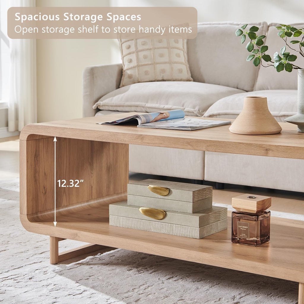 IFGET 48" Modern Coffee Table, 2-Tier Minimalist Center Table with Storage Shelf, Curved Profile Design, Wooden Rectangular Living Room Table w/Wood Thick Design for Living Room, Office, Natural Oak