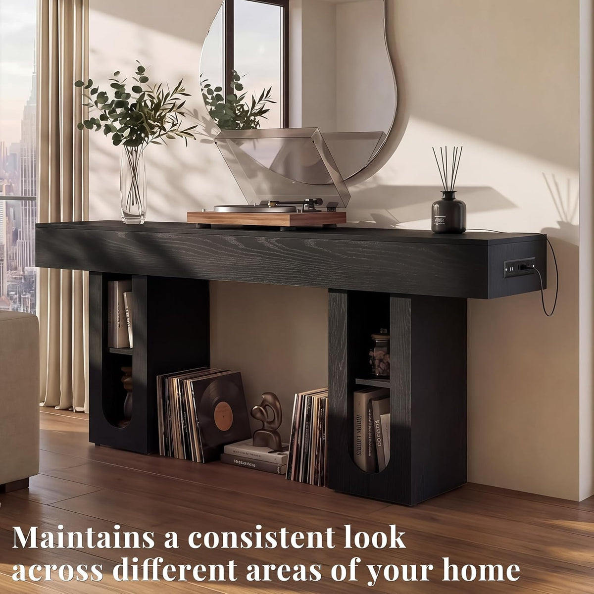71" Entryway Console Table with Outlets & Storage-Black | 5.9" Thick Top,Zero Wobble,Behind Large Couch,Extra Long,Anti-Tip,Modern Farmhouse,Dense MDF,Living Room,Hallway,300lbs Load