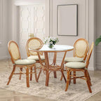 Rattan Wicker Dining Round Table Glass Top and 4 Denver Side Chairs with Cream Cushions, Dining Table Set for 4, Tropical Style Dining Table Set for Four, Colonial Color