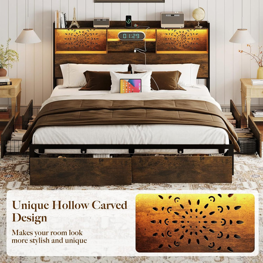 Belffin King Size Bed Frame with 6 Storage Drawers and Carving Headboard