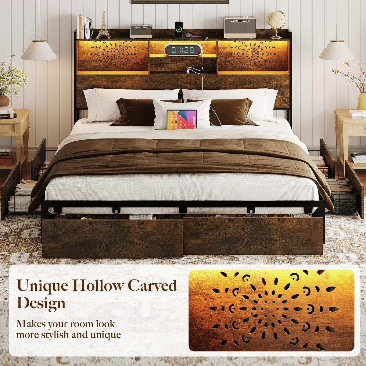 Belffin King Size Bed Frame with 6 Storage Drawers and Carving Headboard