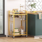 TUTOTAK Gold Bar Cart with 2 Mirrored Shelves, Wine Rack & Glass Holder | 2-Tier 17 Inch Wide Home Bar Serving Carts, Small Mobile Kitchen Shelf with 6 Hooks, Gold BC01BB031M