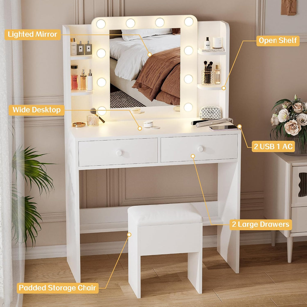 Haewon Makeup Vanity Desk with Lighted Mirror and Chair Set, White | 10 LED Light Bulbs, 3 Lighting Modes, Built-in Power Outlet, Storage Drawers and Shelves, for Bedroom