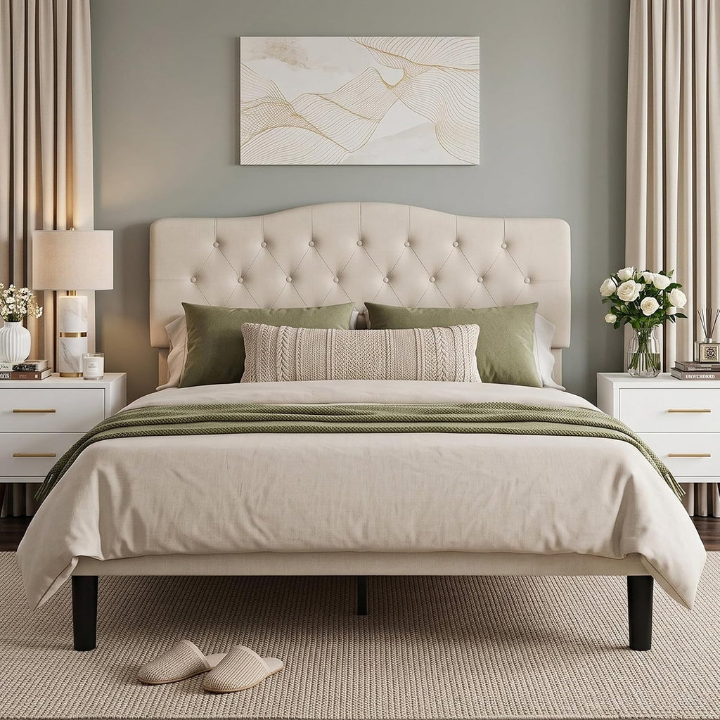 VECELO Queen Size Platform Bed Frame with Fabric Upholstered Headboard and Wooden Slats Support, No Box Spring Needed/Easy Assembly,Beige