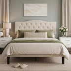 VECELO Queen Size Platform Bed Frame with Fabric Upholstered Headboard and Wooden Slats Support, No Box Spring Needed/Easy Assembly,Beige