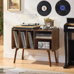 Lerliuo Record Player Stand with 4 Cabinet Holds Up to 220 Albums,Brown | Large Turntable Stand with Wood Legs, Mid-Century Record Player Table,Vinyl Holder Storage for Bedroom Living Room