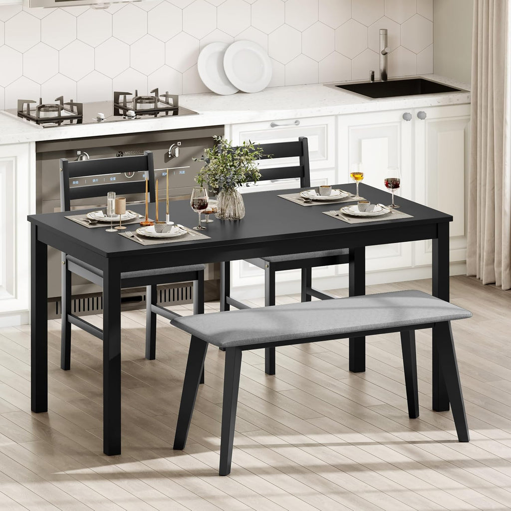 Dining Table Set for 4, Solid Wood Kitchen Table Chairs Set of 4, 43.3” Space-Saving Mid Century Modern Dining Room Table with Chairs and Bench for Kitchen, Living Room,Breakfast Nook, Black