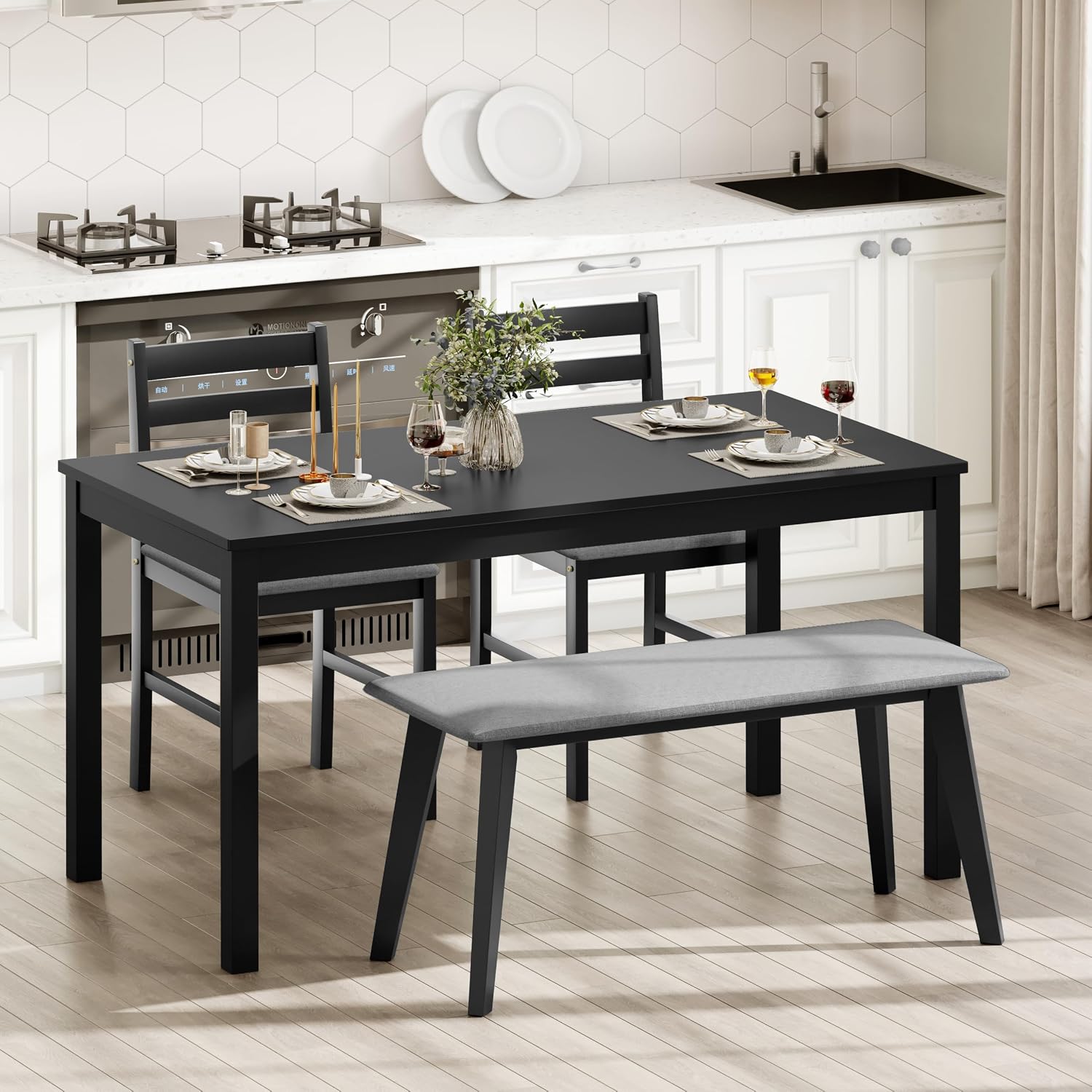 Dining Table Set for 4, Solid Wood Kitchen Table Chairs Set of 4, 43.3” Space-Saving Mid Century Modern Dining Room Table with Chairs and Bench for Kitchen, Living Room,Breakfast Nook, Black