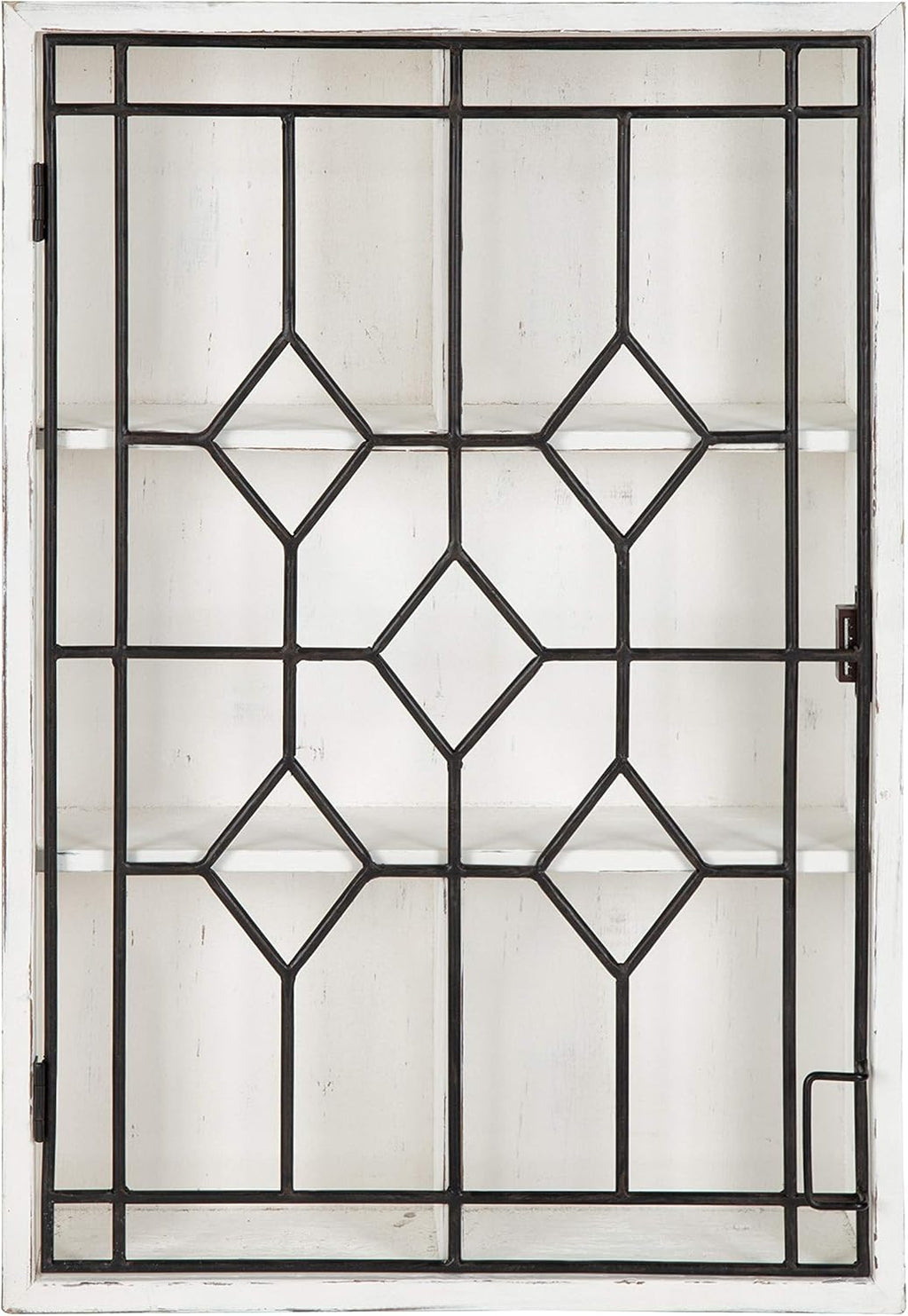Kate and Laurel Megara Decorative Wooden Wall Hanging Curio Cabinet for Open Storage with Decorative Black Iron Door, Whitewash Finish