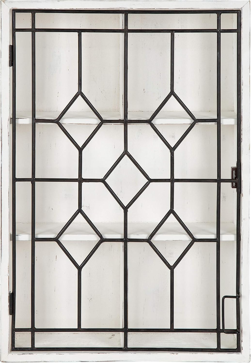 Kate and Laurel Megara Decorative Wooden Wall Hanging Curio Cabinet for Open Storage with Decorative Black Iron Door, Whitewash Finish