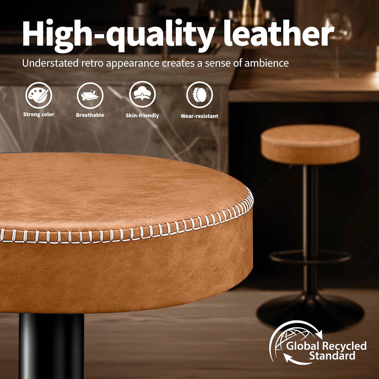 STOOLINK Tall Bar Stools Set of 2, Microfiber Leather Bar Height Stools | 360° Swivel Backless Bar Stools with Round Seat, Adjustable Counter Stools for Kitchen Island, Pub, 330 Lbs, Brown