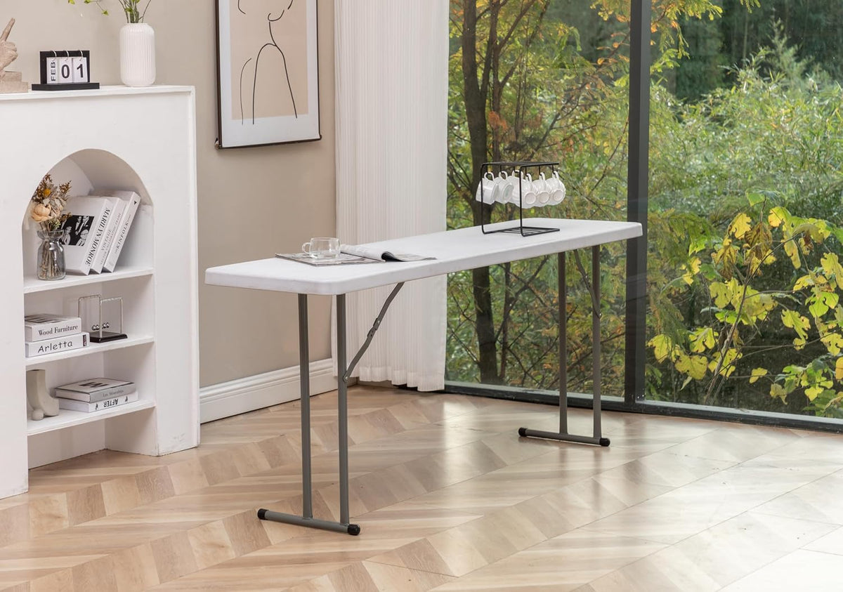 BTExpert 5-Foot Narrow Plastic Folding Training Table, 60” x 18” Portable Commercial Seminar Table, 29” Height, White, Lightweight Indoor Outdoor Event Utility Table
