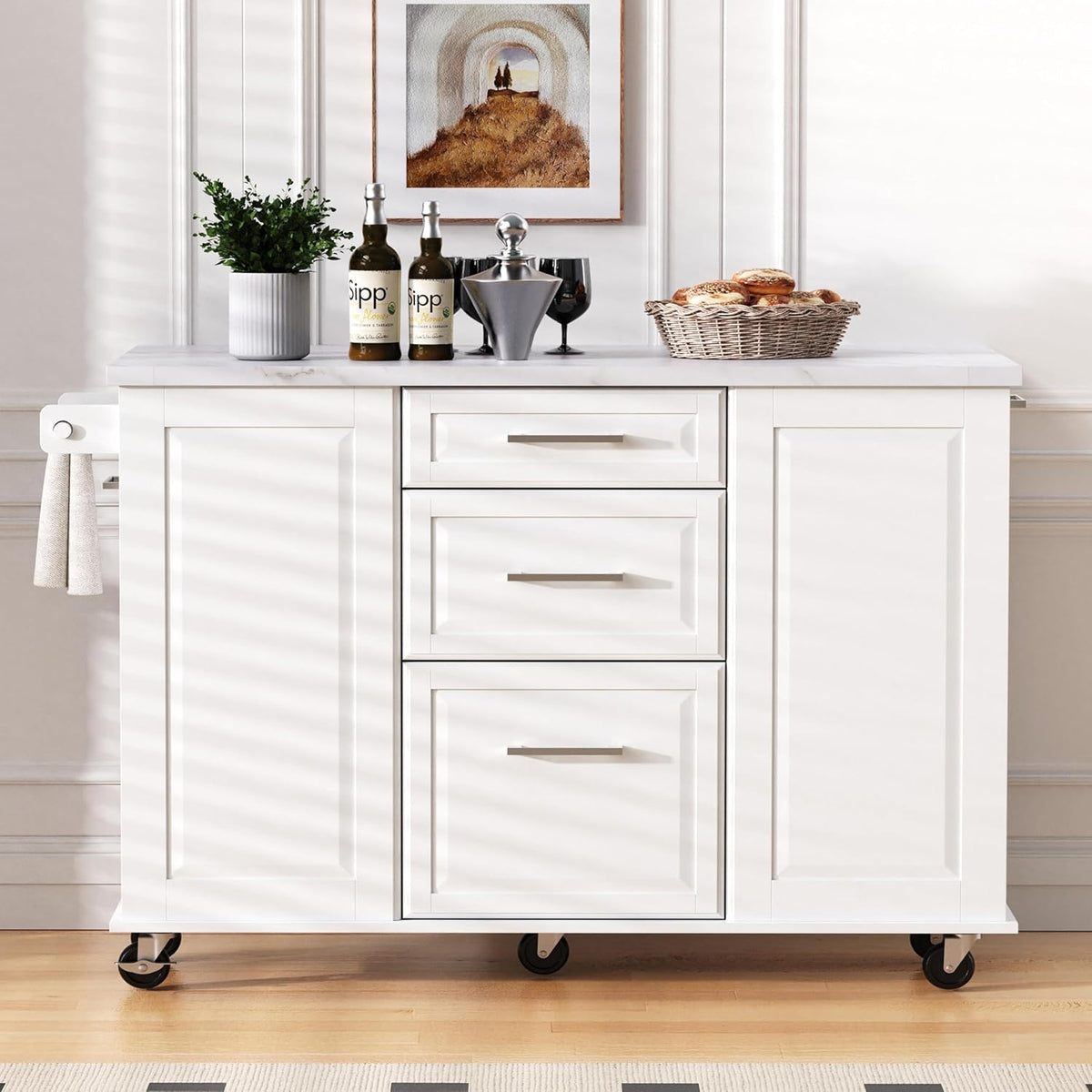 50.7" Kitchen Island with Drop Leaf Storage for Trash Can White