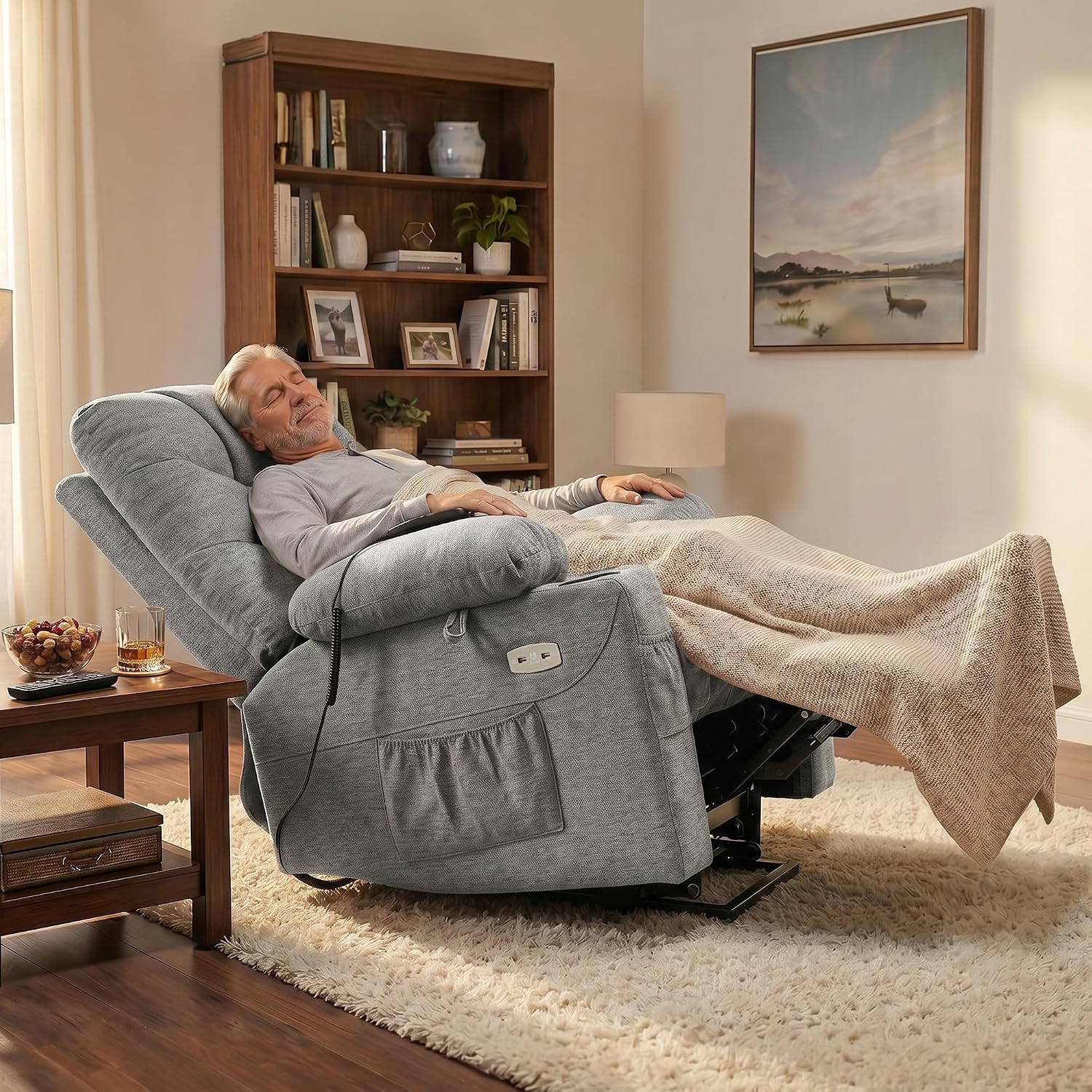 MCombo Power Lift Recliner for Elderly, Fabric 7287 (Light Grey, Medium)