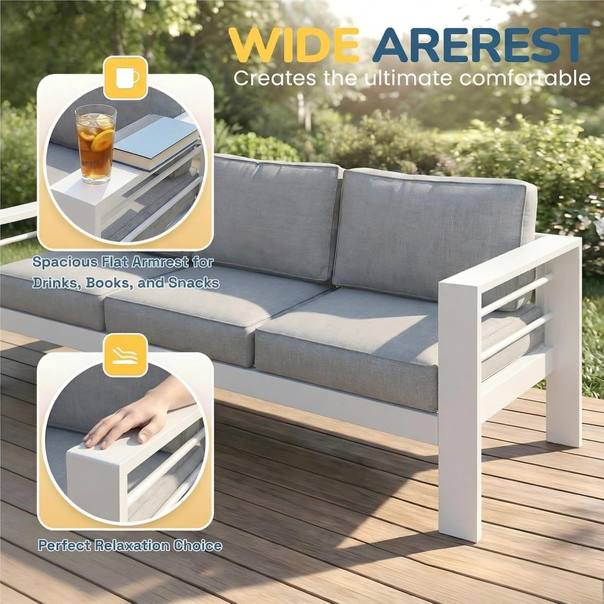 Solaste Aluminum Patio Furniture Set for All Weather, Oversized Metal Outdoor Furniture Set with 27.5" Deep Seating and 3.2" Wide Armrest, Outdoor Patio Sofa with 10" Back Suport Cushion, Light Grey