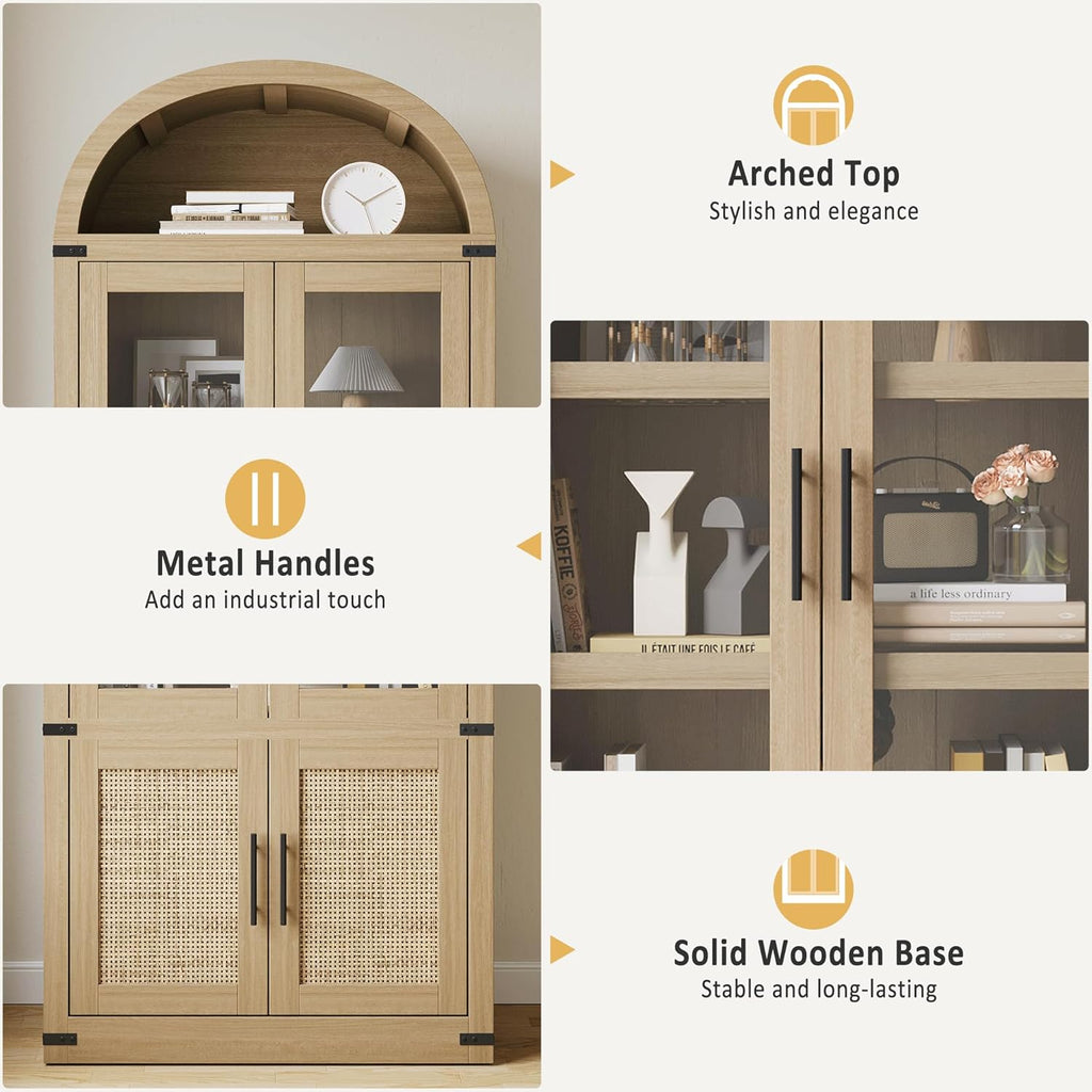 Kitchen Pantry Cabinet, Arched Bookcase with Doors, Wooden Display Cabinet with Storage Shelves, Farmhouse Bookcase for Living Room, Kitchen, Dining Room & Office