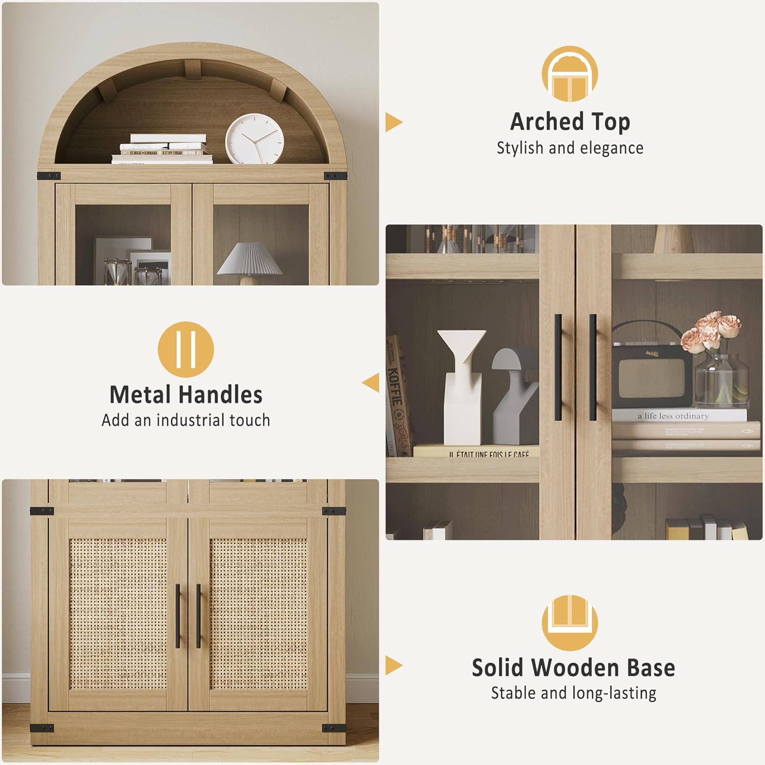 Kitchen Pantry Cabinet, Arched Bookcase with Doors, Wooden Display Cabinet with Storage Shelves, Farmhouse Bookcase for Living Room, Kitchen, Dining Room & Office