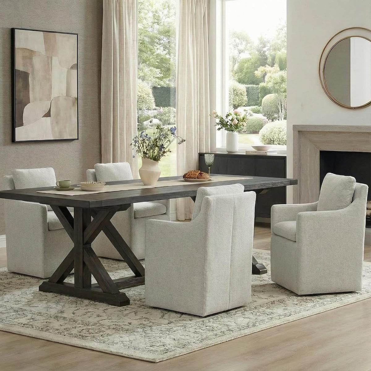 KISLOT Upholstered Dining Chairs with Casters, No Assembly Modern Accent Armchair with Rollers for Dining Room, Bedroom, Living Room, Reading Room, Already Assembled, Linen, 4 Box
