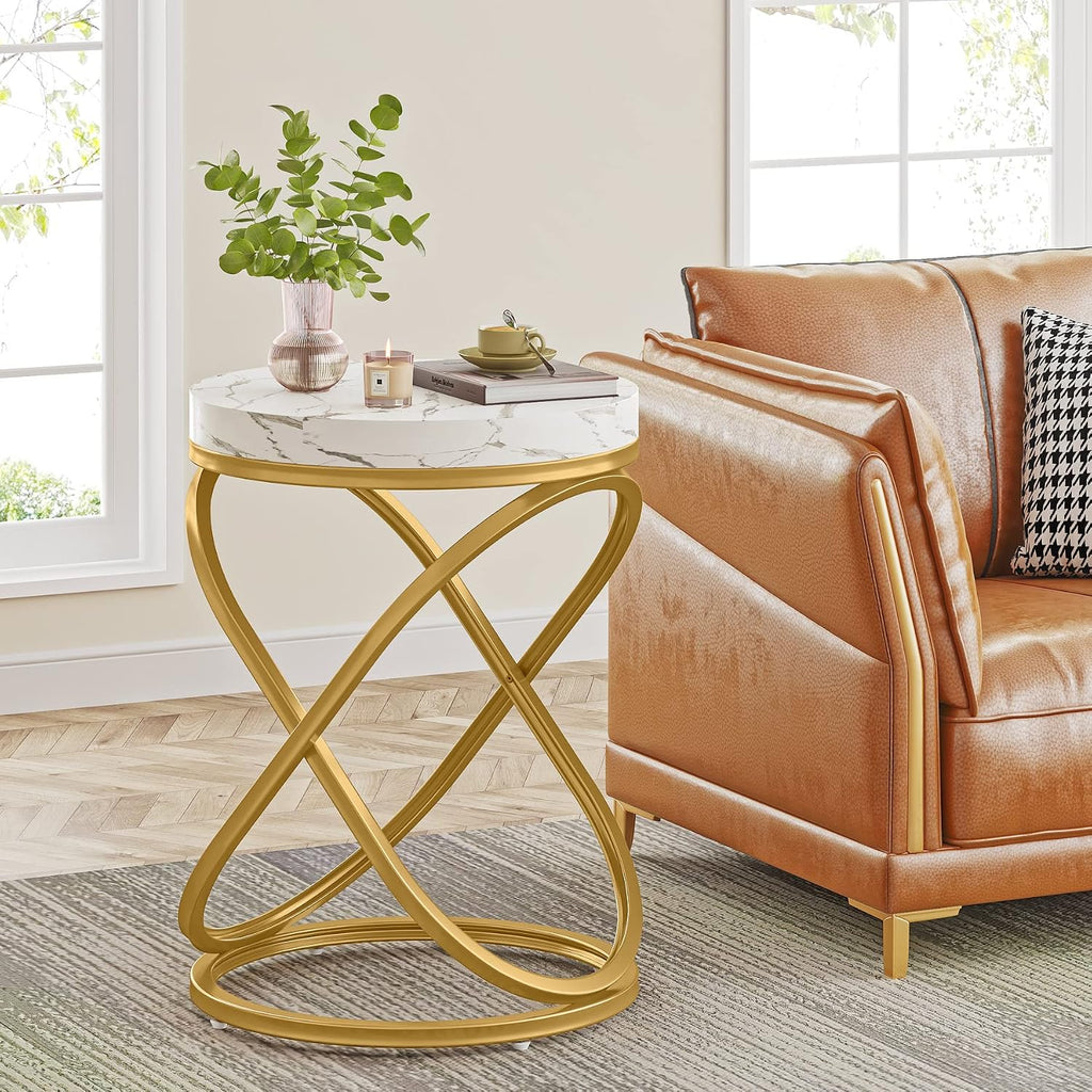 Tribesigns Round End Table with Engineered Wood Tabletop, 26 Inches Round Side Tables Living Room with Double X-Shaped Metal Ring-Cross Legs, Faux Marble Veneer Nightstands for Livingroom Bedroom (1)