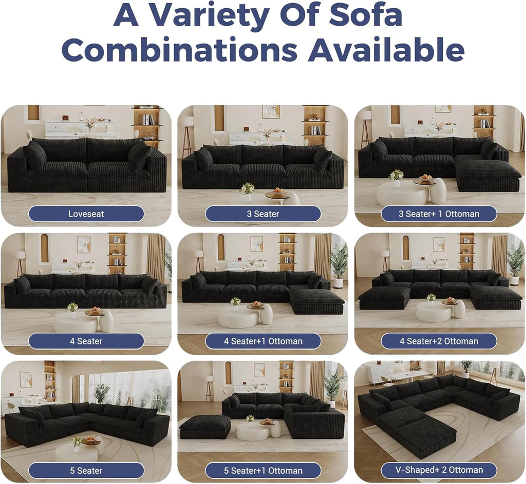 157.6" Oversized Cloud Sofa with 2 Ottomans, Modern Corduroy U Shaped Modular Sectional Couch, Deep Seat Floor Furniture Set, No Assembly Required (4 Seater+2 Ottoman)