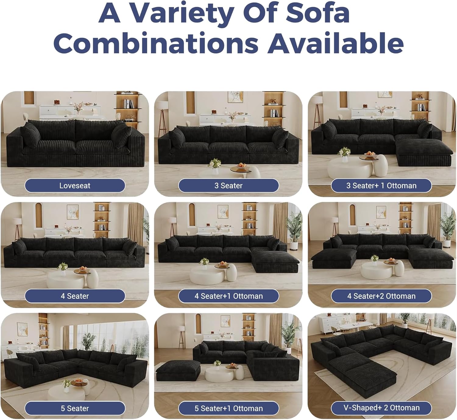 157.6" Oversized Cloud Sofa with 2 Ottomans, Modern Corduroy U Shaped Modular Sectional Couch, Deep Seat Floor Furniture Set, No Assembly Required (4 Seater+2 Ottoman)