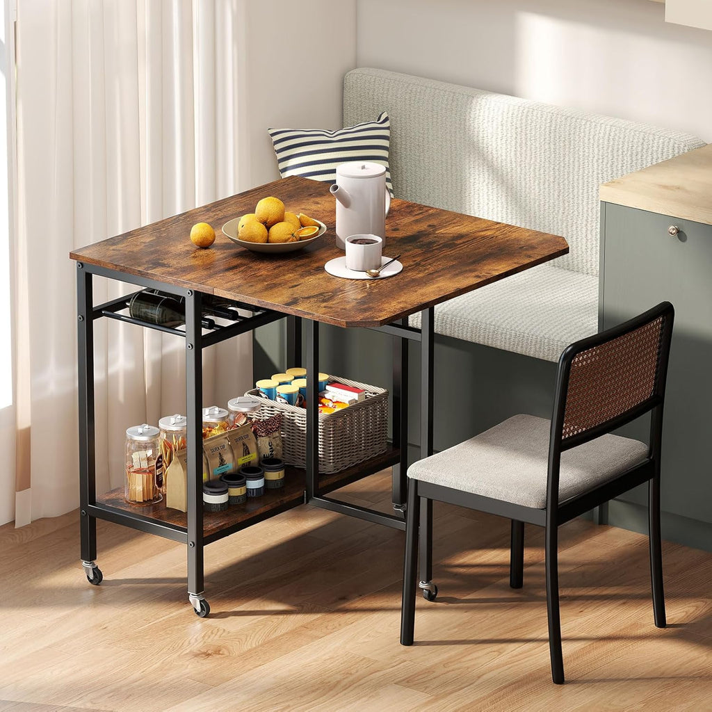 Giantex Folding Dining Table with 5 Wheels, Extendable Bar Tables with Wine Rack and Storage Shelf, Heavy-Duty Metal Frame, Space-Saving Kitchen Table for Small Spaces, Living Room, Apartment, Office