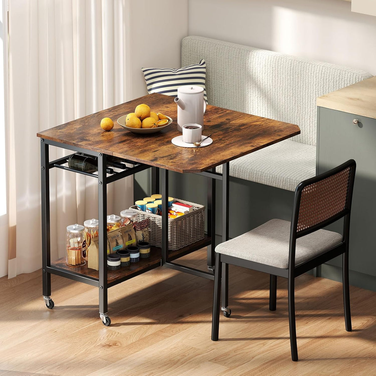 Giantex Folding Dining Table with 5 Wheels, Extendable Bar Tables with Wine Rack and Storage Shelf, Heavy-Duty Metal Frame, Space-Saving Kitchen Table for Small Spaces, Living Room, Apartment, Office