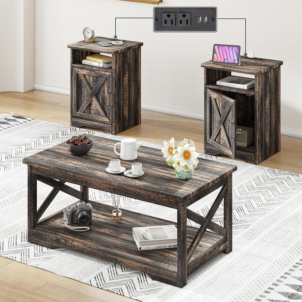 AMERLIFE 3 Piece Farmhouse Living Room Coffee Table Set, Dark Oak | Coffee Table & 2 End Tables with Charging Station and USB Ports, Farmhouse Style, Barn Door Design, Living Room Furniture
