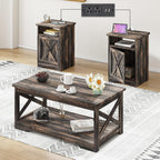 AMERLIFE 3 Piece Farmhouse Living Room Coffee Table Set, Dark Oak | Coffee Table & 2 End Tables with Charging Station and USB Ports, Farmhouse Style, Barn Door Design, Living Room Furniture