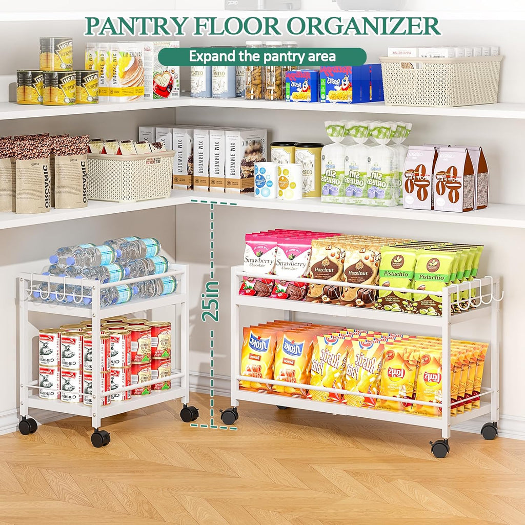 2-Tier Expandable Rolling Pantry Cart with Wheels, Adjustable Floor Organizer for Kitchen Pantry, Can Organizer for Pantry, Storage Cart for Snack, Food, Vegetables, White, Patent Pending