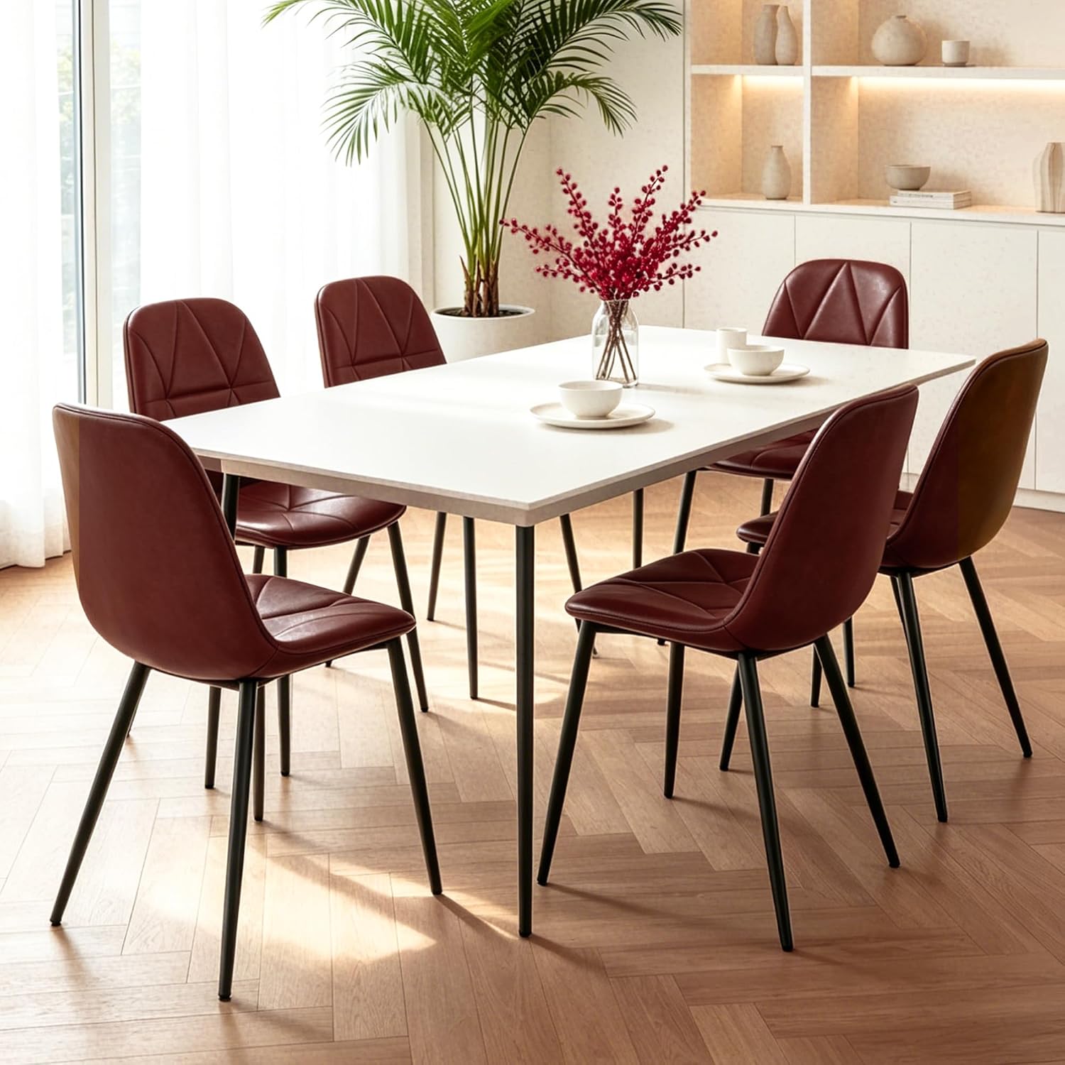 Set of 4 Brown Dining Chairs – Modern Armless Kitchen & Dining Chairs, Faux Leather Upholstery, Ergonomic Backrest & Sturdy Metal Legs