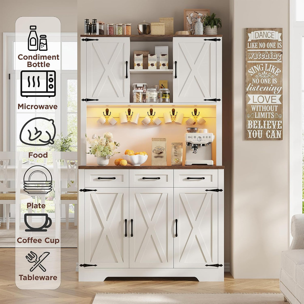 70.9" Tall Kitchen Pantry Cabinet with LED Light & Charging Station, Farmhouse Kitchen Hutch with Large Countertop & 10 Hooks, Kitchen Cabinet Storage with Drawers for Living Room, Dining Room, White