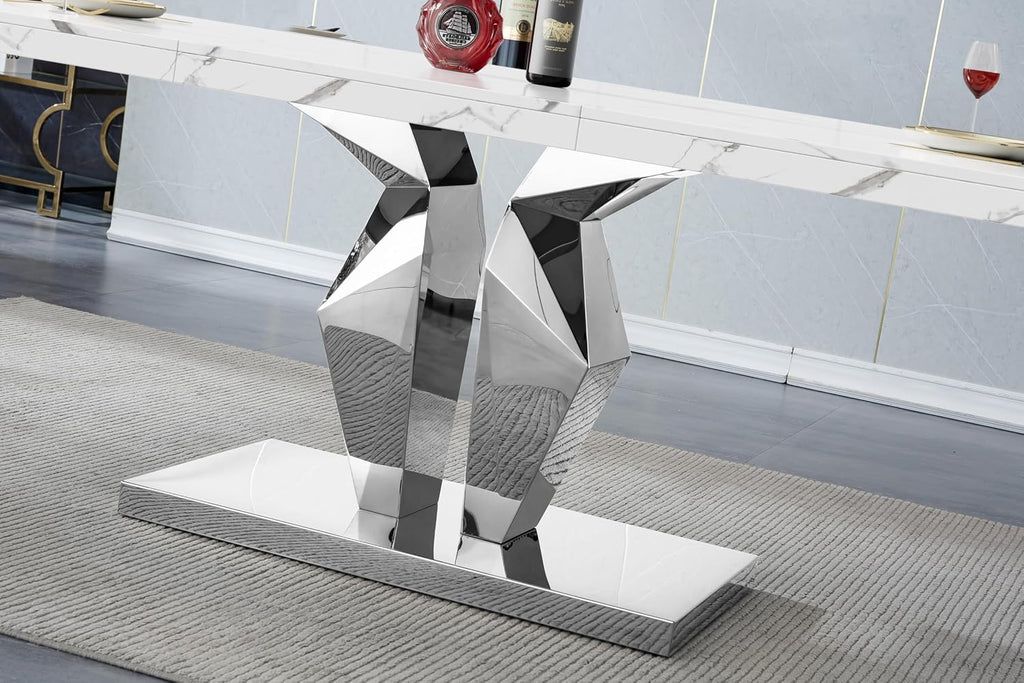 Henf Luxury Marble Dining Table for 6-8 Rectangular 70" Faux Marble Kitchen Table with Silver Mirrored Stainless Steel Base,White Faux Marble Large Long Pedestal Table (Table Only)