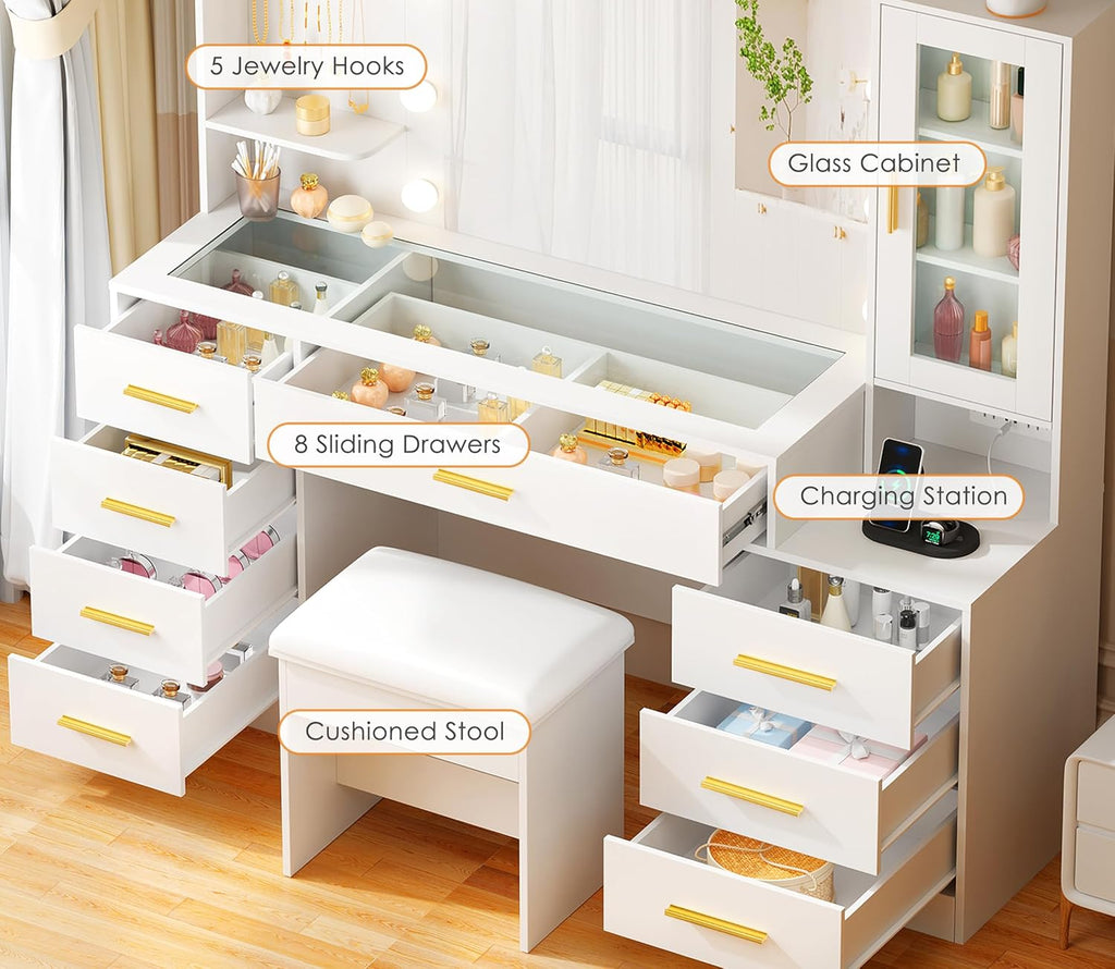 ANWBROAD 49.2" Large Vanity Desk with Mirror and Lights, Glass Top Vanity | White Makeup Vanity Desk with 8 Drawers, Power Outlet, Nightstand 5 Hooks Vanity Table with Stool for Bedroom Women UBDT88W