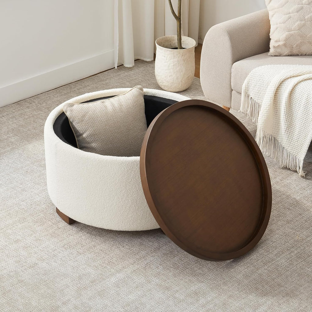 Zihanhome 30 Inch Round Storage Ottoman, Ottoman Coffee Table with Lift Off Lid, Boucle Modern Ottomans with Storage for Living Room, Bedroom, Apartments (Beige)