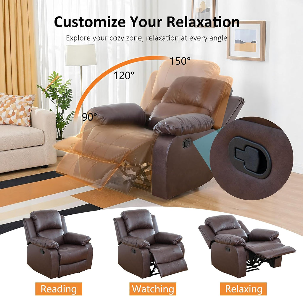 Faux Leather Manual Recliner Sofa Set, 3 Piece Living Room Furniture Set, Loveseat Reclining Couch and 2 Recliner Chairs for RV Home Theater (Brwon)