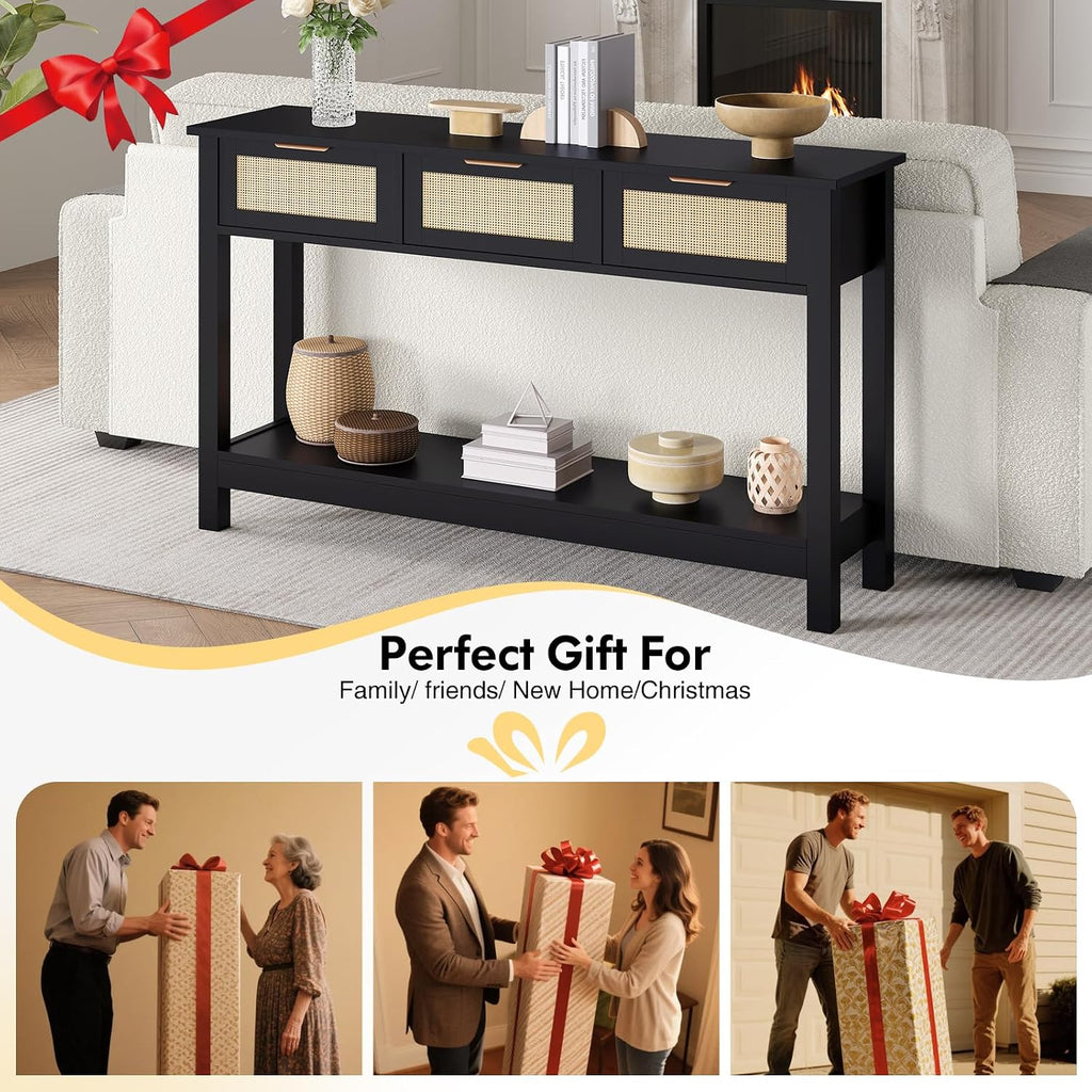 Luoxiao Rattan Console Table 3-Drawer 47" Narrow Black Entryway Sofa Table | Trendy Boho Hallway Foyer Storage, Open Shelf, Sturdy Wooden Entry Table for Living Room, Couch, Easy Assembly, Anti-Tip