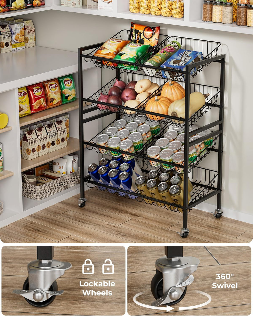 Evermagin 25.2" W Kitchen Storage Cart, 4-Tier Snack Cart with Wheels | Metal Fruit Basket Vegetable Stand, Pantry Storage Organizer with 8 Removable Baskets for Onion Potato, Black