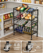 Evermagin 25.2" W Kitchen Storage Cart, 4-Tier Snack Cart with Wheels | Metal Fruit Basket Vegetable Stand, Pantry Storage Organizer with 8 Removable Baskets for Onion Potato, Black