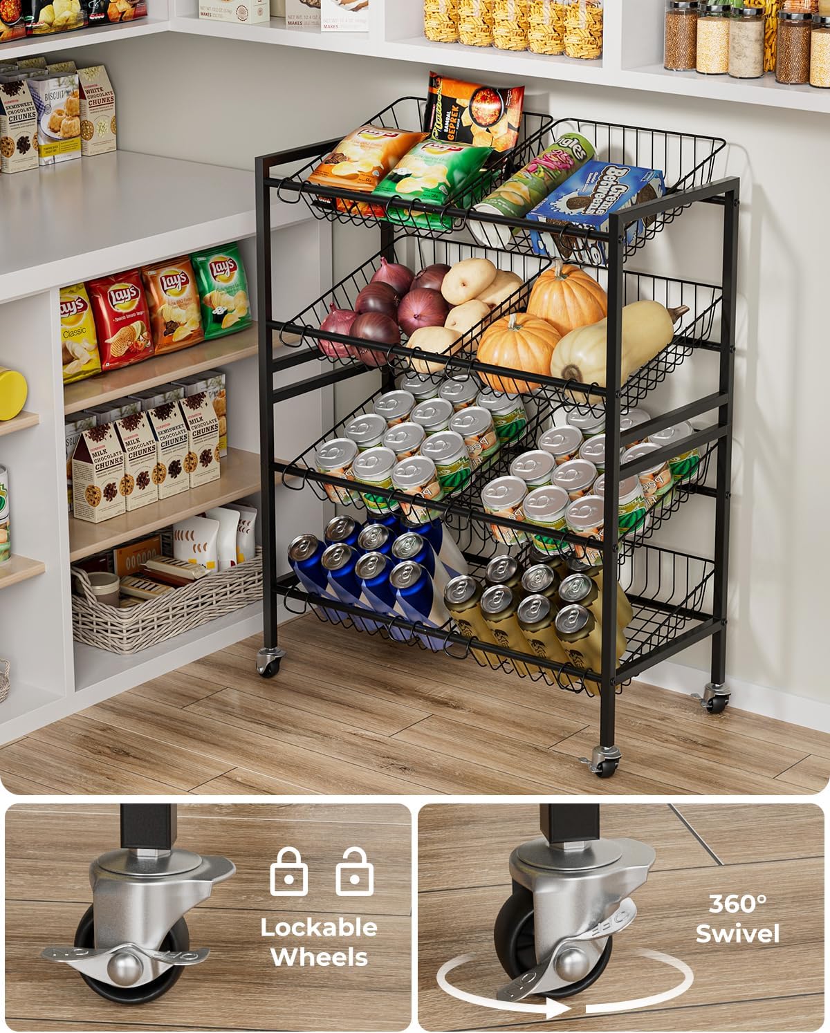 Evermagin 25.2" W Kitchen Storage Cart, 4-Tier Snack Cart with Wheels | Metal Fruit Basket Vegetable Stand, Pantry Storage Organizer with 8 Removable Baskets for Onion Potato, Black