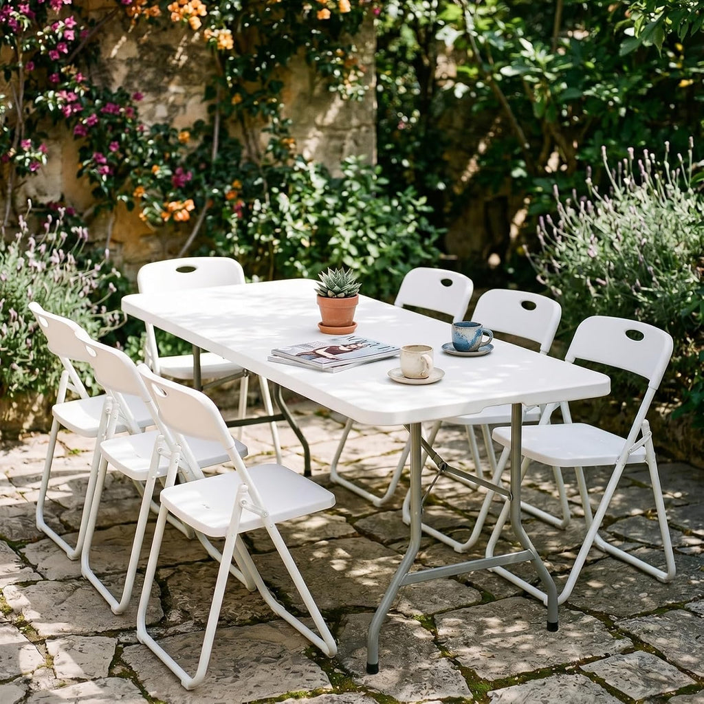 Folding Table and Chairs Set, 6 Foot Foldable Long Plastic Table with 6 Plastic Folding Chairs, Portable Set for Parties, Event, Training, Craft, Wedding, and Commercial Use