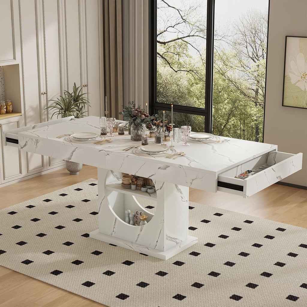 Dining Table for 4-6 People, 55 Inches Dinner Table with Drawers and Open Storage, Wooden Pedestal Base, Rectangular Farmhouse Kitchen Table for Kitchen, Living Room, Marble White