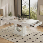 Dining Table for 4-6 People, 55 Inches Dinner Table with Drawers and Open Storage, Wooden Pedestal Base, Rectangular Farmhouse Kitchen Table for Kitchen, Living Room, Marble White